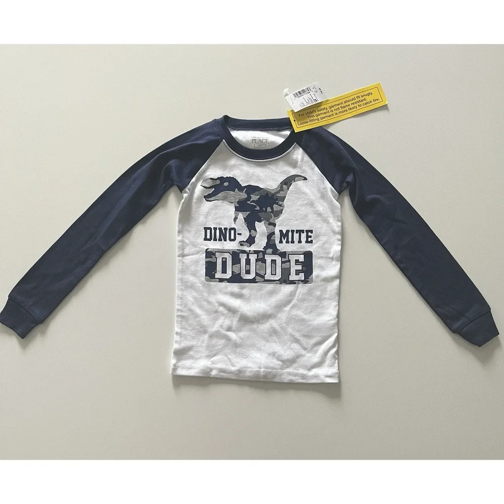 NWT Children's Place Boy's Size 4T Pajama Top Dinosaur‎ Dude Henley White Vlue